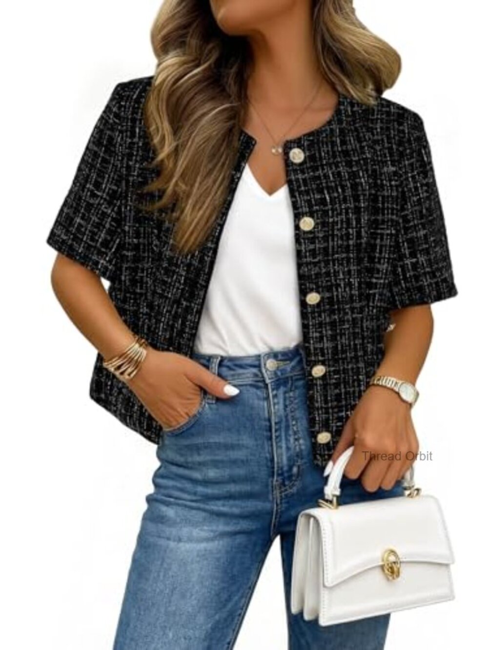 Womens Tweed Cropped Blazer Short Sleeve Business Casual Jacket